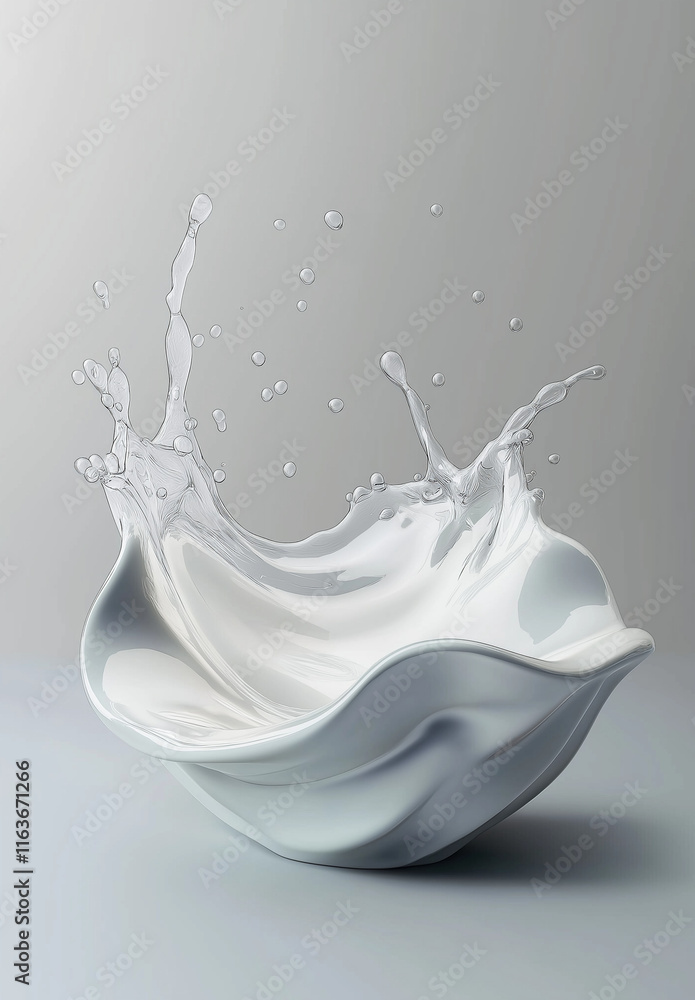 Poster 3d rendering of a milk splash on a white background with flying liquid drops and a wave-shaped desig