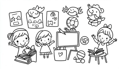 Fototapeta premium A charming coloring book design of a school classroom with children writing on chalkboards, reading books, and raising hands. Add playful details like a globe, alphabet posters, and a teacher 