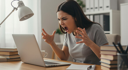 Woman, laptop and computer with stress, anger and frustration for work, deadline and pressure. Person, adult and technology with problem, emotion and upset for office and business