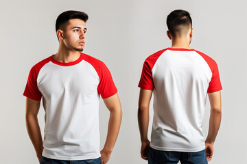 man wearing a white and red short-sleeve raglan t-shirt mockup front and back used as design template