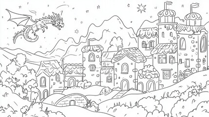 Obraz premium A coloring book illustration of a fantasy dragon flying over a medieval village, with a knight standing heroically on a hill. Add tiny details like villagers looking up, smoke coming from chimneys, 