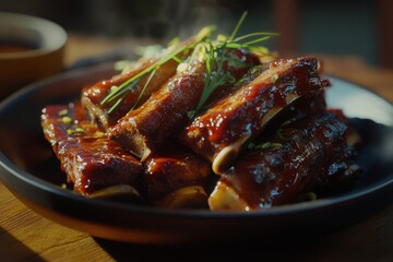 Succulent grilled pork ribs glazed with barbecue sauce, garnished with fresh herbs, ready to be served.