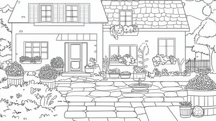 Fototapeta premium A cozy village coloring book scene featuring cobblestone streets, thatched-roof cottages, and a town square with a fountain. Add villagers carrying baskets, flowers blooming in window boxes, 