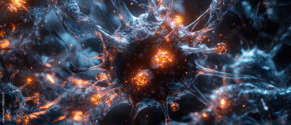 Poster abstract microscopic view of a cell with glowing orange and blue particles.