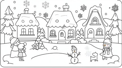 Fototapeta premium A cozy winter scene for a coloring book, featuring a snow-covered village with children building a snowman and a dog playing nearby. Add intricate details like snowflakes, mittens, and Christmas 
