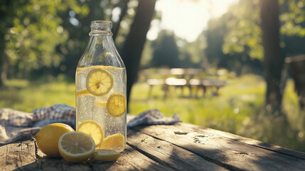 A rustic bottle of homemade lemonade with slices of lemon floating inside, placed on a wooden table with a backdrop of a sunny countryside picnic, evoking a fresh, relaxing summer vibe.