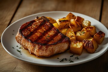 A perfectly grilled pork chop served with golden roasted potatoes on a white plate.