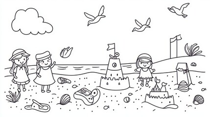 A delightful beach-themed coloring book illustration featuring sandcastles, children playing, and seagulls flying above. Add details like seashells scattered on the sand and waves gently lapping 