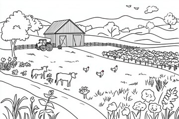 A delightful coloring book illustration of a sunny countryside farm, complete with a big red barn, grazing cows, clucking chickens, and rows of vegetables. Include a tractor in the background 