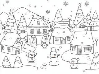 Fototapeta premium A detailed coloring book design of a cozy winter village with snow-covered rooftops, ice skaters on a frozen pond, and children building snowmen. Add sparkling Christmas lights, snowflakes falling, 