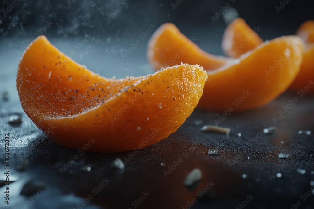 Poster close-up of vibrant orange fruit slices with a dusting of sugar, creating an inviting and refreshing