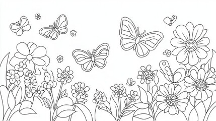 Fototapeta premium A detailed coloring book illustration of a vibrant butterfly garden with various species of butterflies fluttering above blooming flowers. Add intricate details on the wings, flowers, and surrounding 