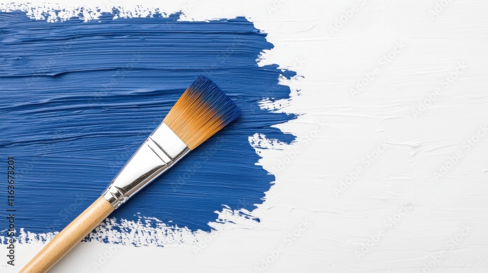 Poster close up of a single paintbrush blending and mixing two distinct shades of blue paint on a textured 