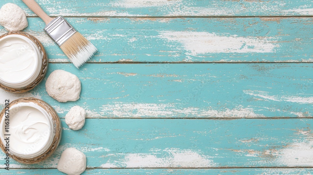 Poster close up view of a paintbrush carefully applying smooth even strokes of white paint onto a rustic te