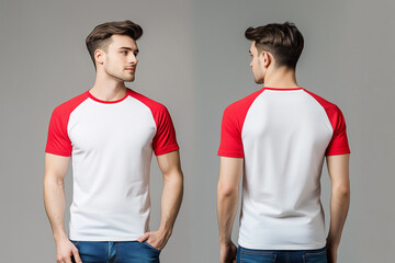 man wearing a white and red short-sleeve raglan t-shirt mockup front and back used as design template