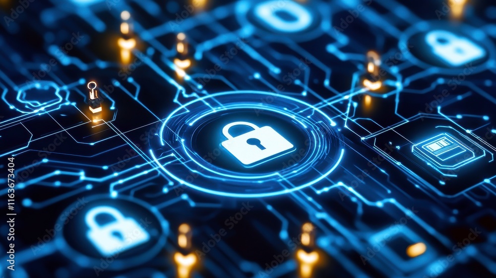 Poster dynamic cybersecurity grid with flashing icons