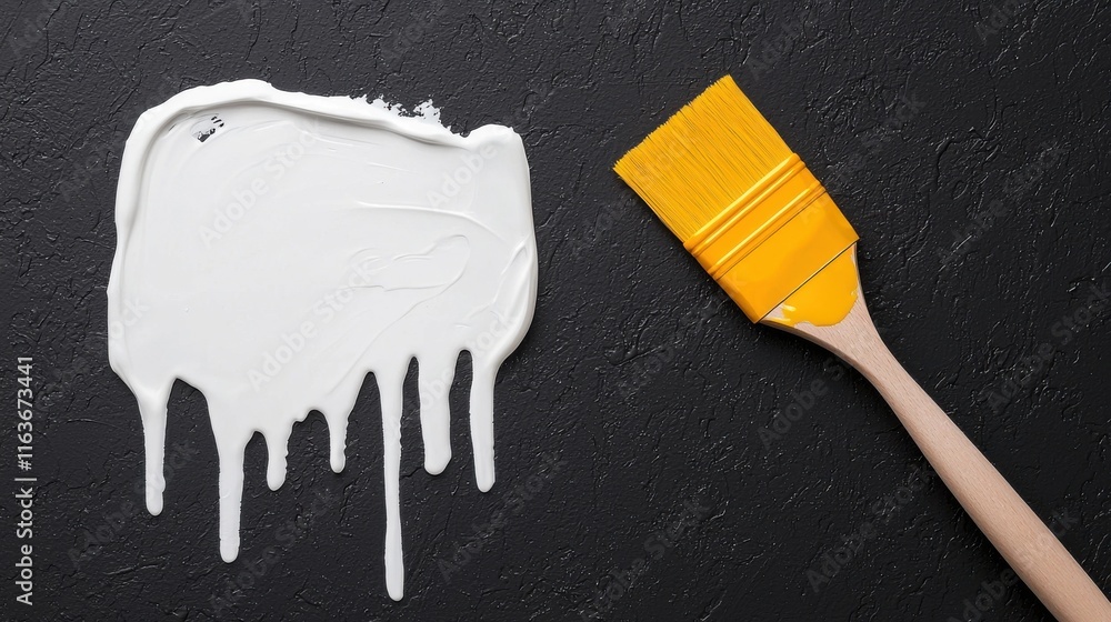 Poster closeup of a paintbrush covered in pearl white paint gently dripping and creating an abstract textur
