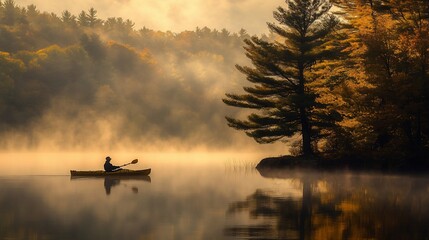 Silhouette of kayaker on a calm lake at sunrise, surrounded by autumn foliage and morning mist.