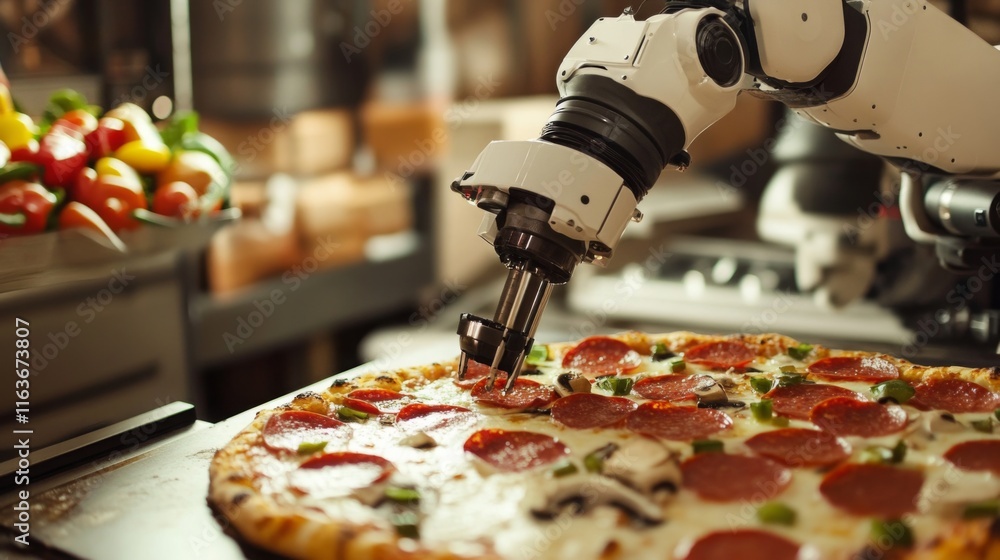 Poster a robotic arm skillfully places toppings on a freshly made pizza in a bustling food production line.