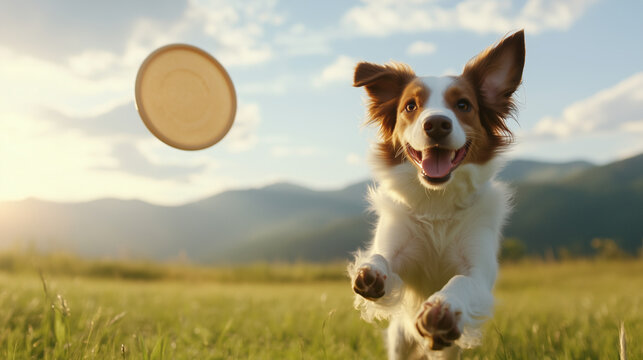 Energetic border collie jumping to catch frisbee in green meadow with mountains background
