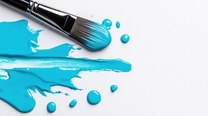 Paintbrush Laid on Glossy Marble Surface Surrounded by Vibrant Paint Splatters and Drips in Turquoise and Blue Tones  Creative Modern and Elegant Background for Design Art and Craft Concepts