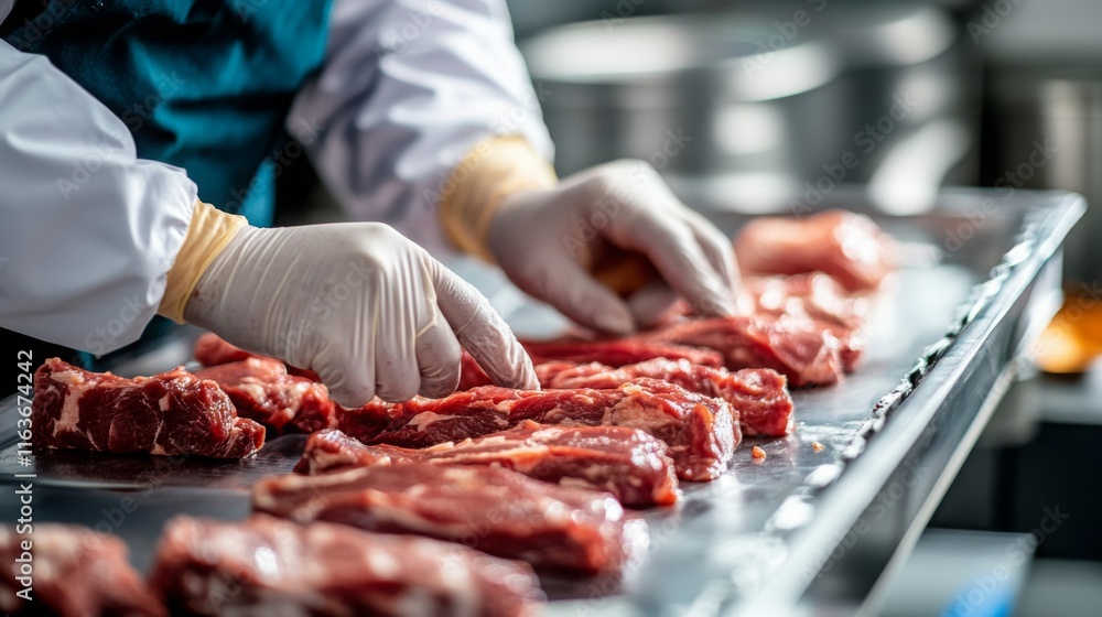 Aufkleber workers in a food production facility methodically prepare cuts of meat while wearing gloves. the se