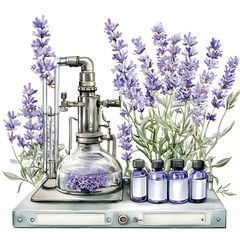 Watercolor illustration of lavender essential oil extraction process with vintage laboratory equipment and lavender flowers.