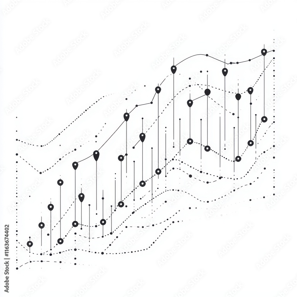 Poster abstract black and white graph showing dynamic growth and fluctuating data trends.