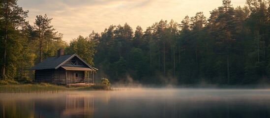 Fototapeta premium Rustic cabin on a foggy lake at dawn.