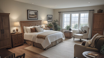 small bedroom has an open floor plan, featuring light wood grain furniture and white walls with accent colors of beige or brown. 