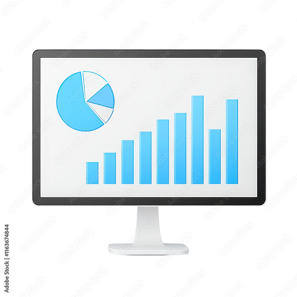 Poster a computer monitor displaying a blue bar graph and pie chart, illustrating data analysis and present