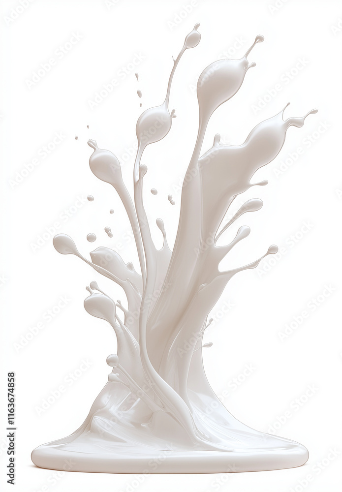 Aufkleber 3d rendering of a milk splash on a white background with flying liquid drops and a wave-shaped desig
