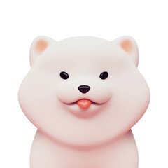 Portrait simple cute kawaii funny fluffy cartoon samoyed puppy with dot eyes smiling face, red tongue sticking out of mouth. Lovely pet for children's greeting cards. 3d render isolated white backdrop