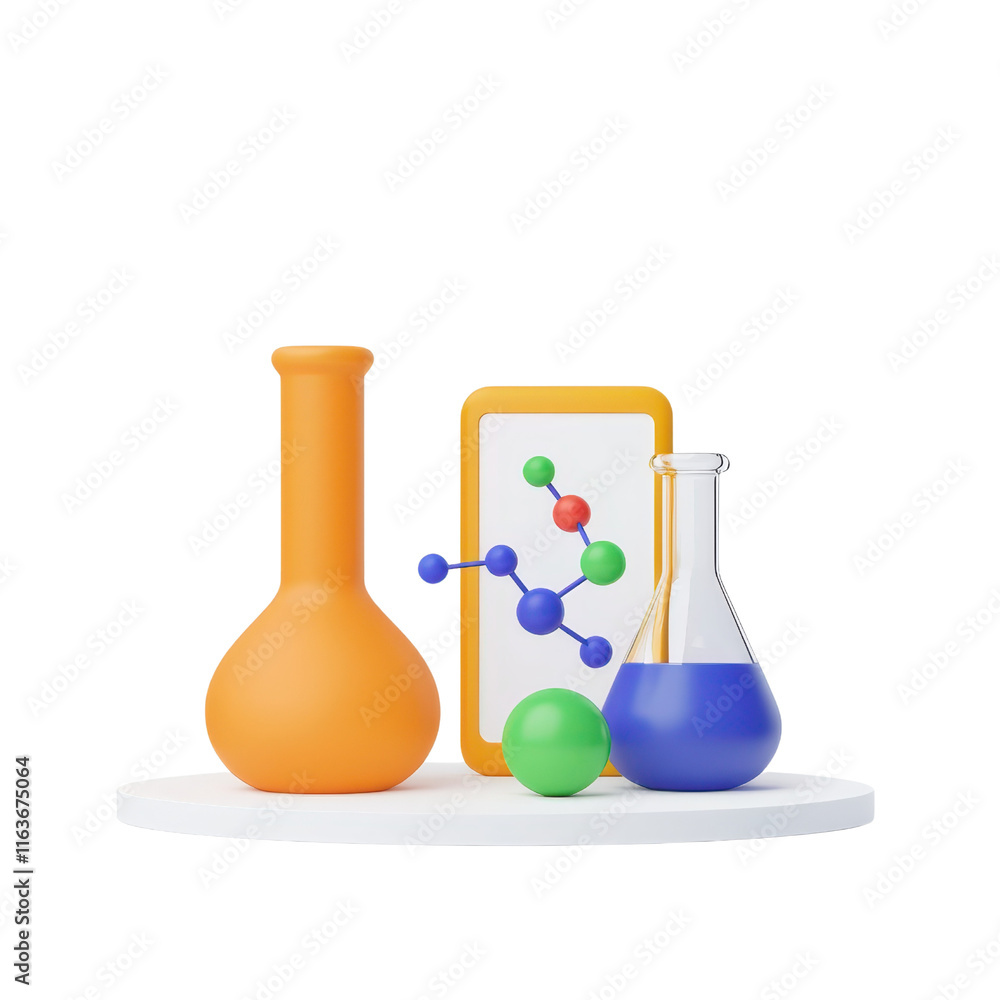 Poster a collection of colorful laboratory glassware and a molecular model displayed on a circular platform