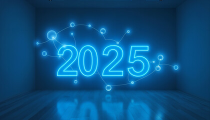2025 glowing text banner with futuristic design and green screen background