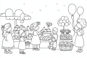 Fototapeta premium A lively city market coloring book illustration with vendors selling fresh produce, handmade crafts, and colorful fabrics. Include shoppers browsing, children holding balloons, and intricate 