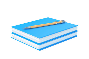 A stack of blue notebooks with a yellow pen resting on top, emphasizing a study or writing theme.