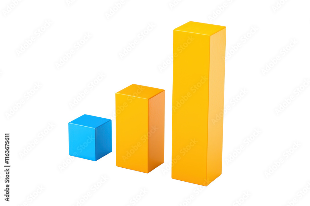 Poster three colorful bar graphs representing different heights and values, with a blue cube and two yellow