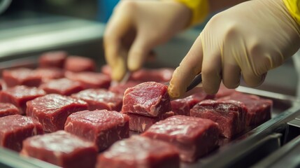 Skilled workers in protective gloves are handling fresh meat cubes on a production line. The environment is clean and organized, showcasing an efficient ai-enhanced food processing operation.