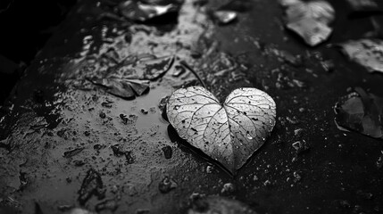 A heart-shape leaves lies on a rain-soaked forrest surface. Feeling of loss, loneliness and sorrow. Dramatic lighting.