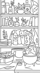 Fototapeta premium A magical coloring book page of a wizard’s study, filled with shelves of spellbooks, a glowing cauldron bubbling with potions, and a black cat curled up on a chair. Add mystical symbols on the 