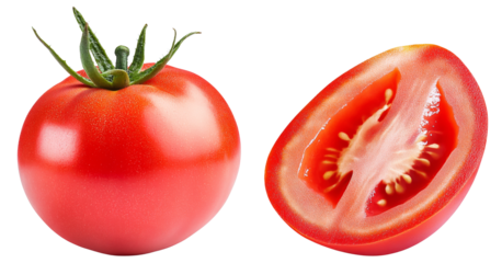 High-Quality PNG red tomato with cut slice isolated on white background
