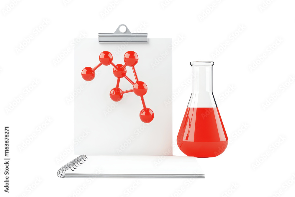 Poster a laboratory setup featuring a beaker with red liquid, a clipboard displaying a molecular structure,