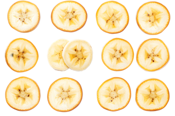 Arrangement of Twelve Transversely Sliced Bananas Isolated On A White Background, PNG Transparent