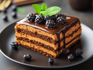 Food photo: a piece of chocolate cake with blackberries and mint.