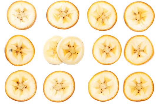 Arrangement of Twelve Transversely Sliced Bananas Isolated On A White Background, PNG Transparent - Powered by Adobe