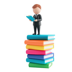 A stylized figure in business attire stands atop a stack of colorful books, holding a book and appearing engaged in reading.