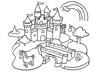 A magical fairytale castle coloring book illustration with tall spires, a flowing moat, and a drawbridge leading to the entrance. Add unicorns grazing nearby, knights standing guard, and a glowing 