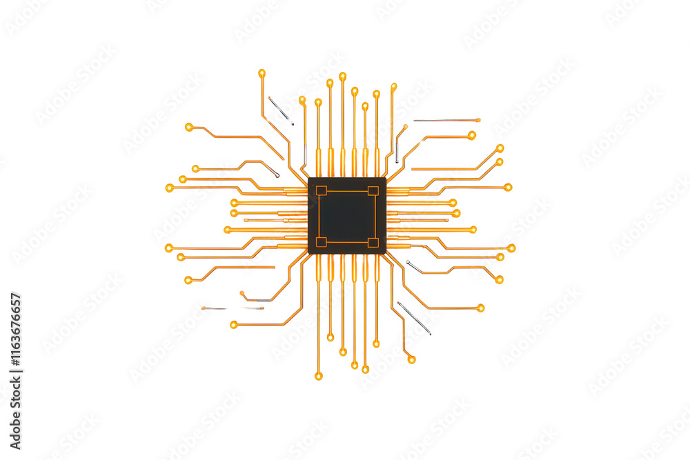 Poster a central microchip with numerous golden connections radiating outward, showcasing its intricate des