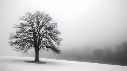 Fototapeta premium Minimalistic black and white photography of a lonely black tree, snow, fog, winter